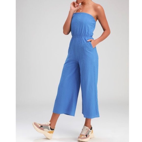 Lulus Pants - NEW LULU'S Jumpsuit L Sky Blue Embroidered Strapless Wide-Leg Pockets Cropped